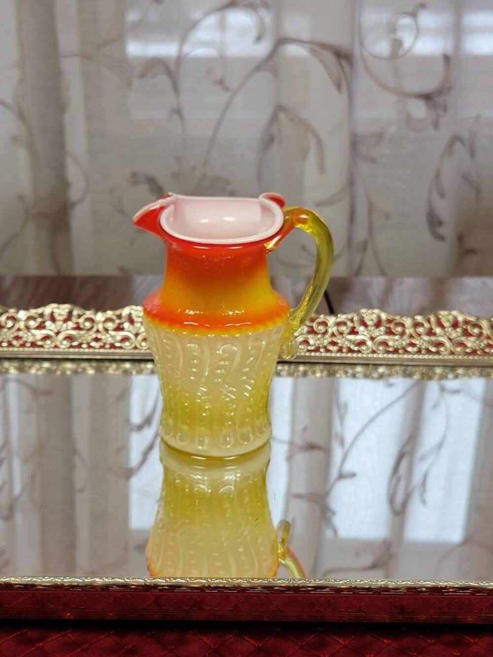 Vintage Kanawha Amberina Art Glass Pitcher, MCM Orange Yellow Mini Creamer Vase